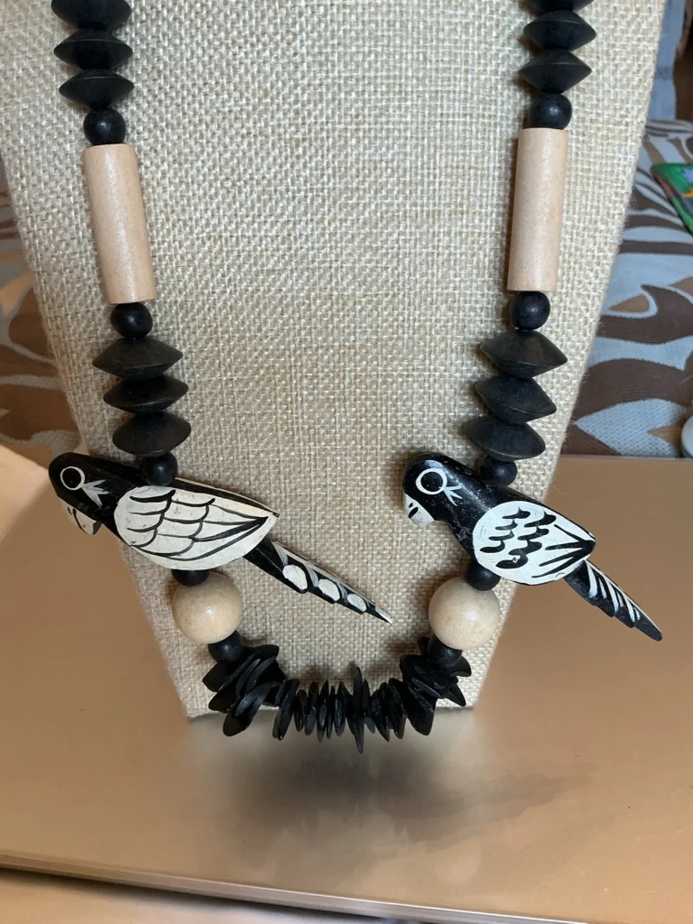 Handcrafted Black & Natural Wood Bird Necklace - Picture 2 of 4